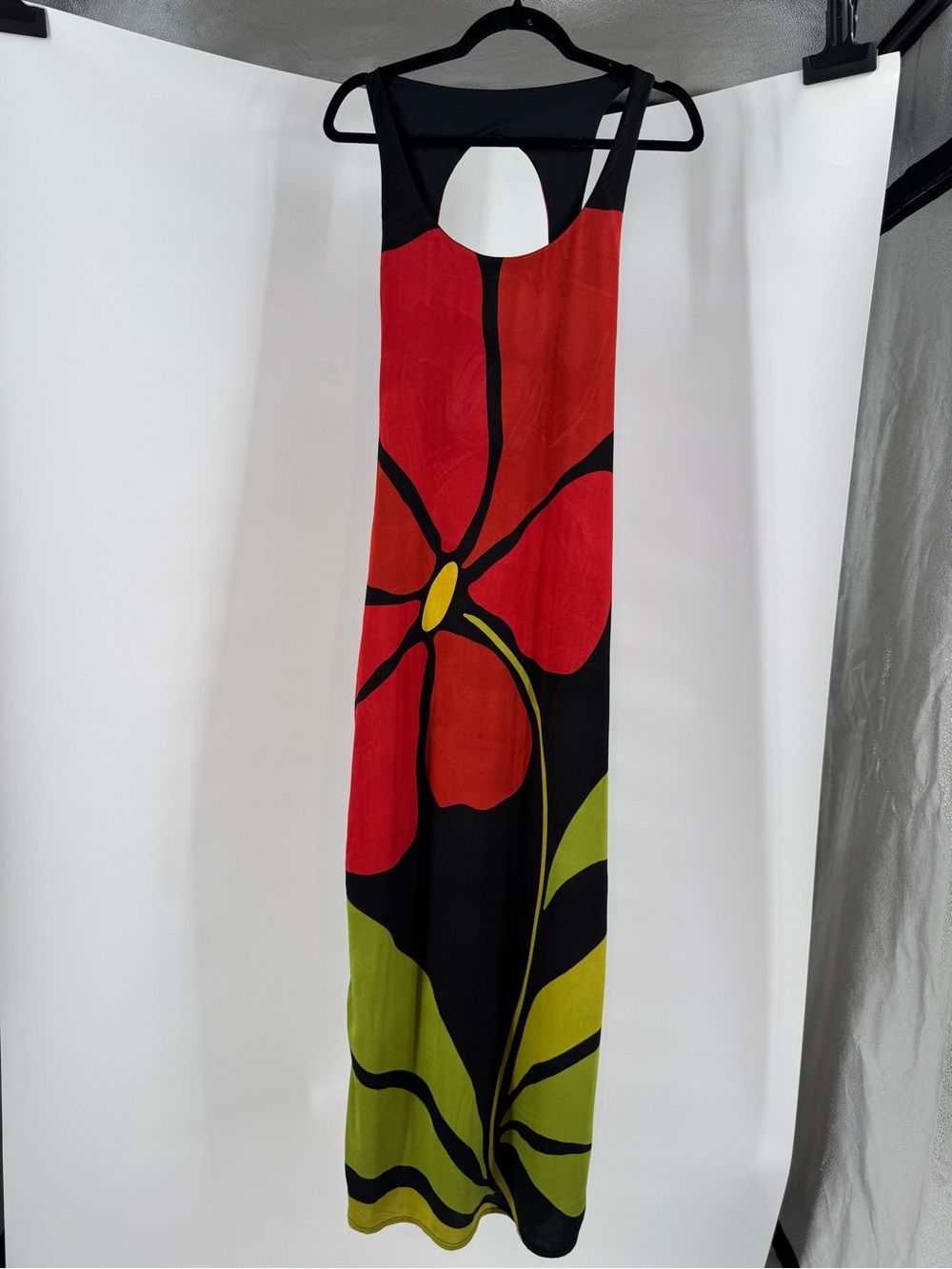 Bold Red Floral Maxi Dress with Olive Accents - Picture 4 of 11
